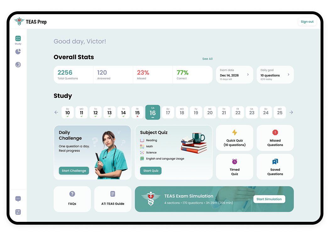 Dashboard with exam progress and daily goals